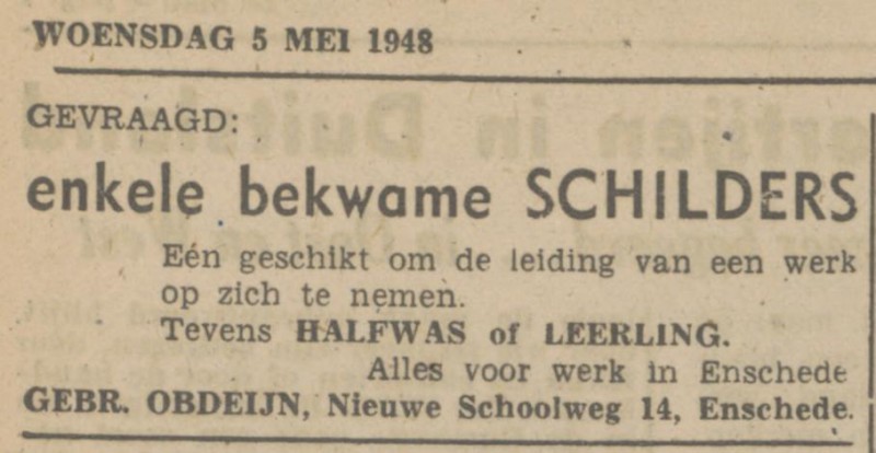 Nieuwe Schoolweg 14 Gebr. Obdeijn advertentie Tubantia 5-5-1948.jpg