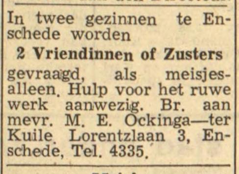 Lorentzlaan 3 Mevr. M.E. Ockinga-ter Kuile advertentie Leeuwarder Koerier 15-10-1946.jpg