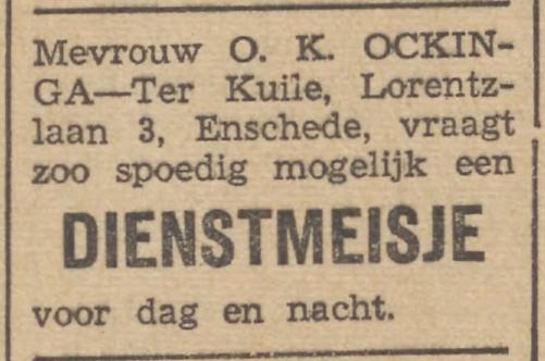 Lorentzlaan 3 Mevr. O.K. Ockinga-ter Kuile advertentie Drentsch dagblad 7-8-1944.jpg