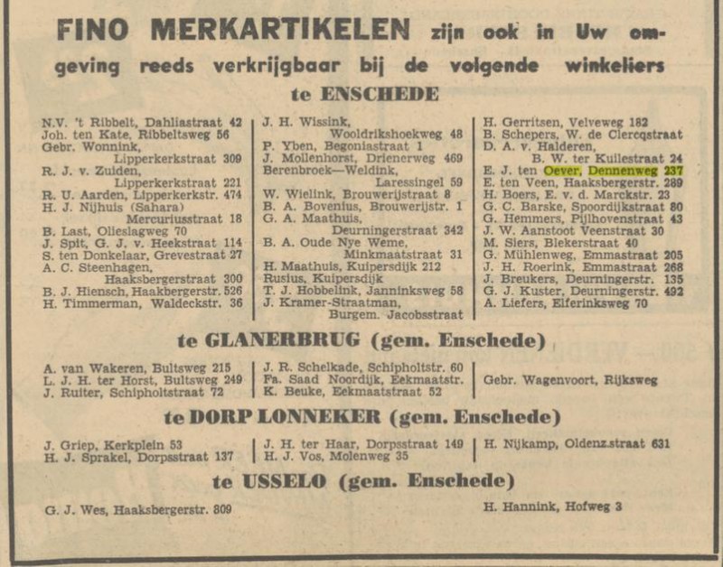 Dennenweg 237 Levensmiddelenbedrijf ten Oever advertentie Tubantia 2-11-1951.jpg