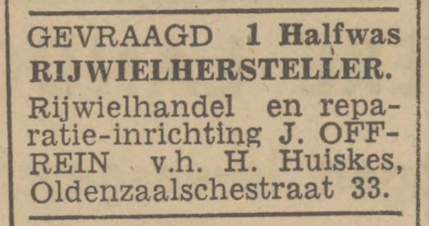 Oldenzaalsestraat 33 rijwielhandel J. Offrein advertentie Tubantia 17-1-1947.jpg