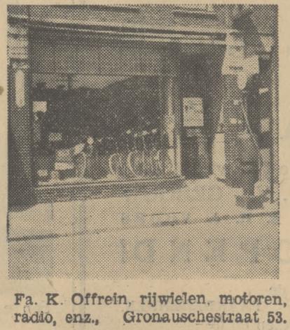 Gronausestraat 53 Fa. K. Offrein, rijwielen, motoren, radio, krantenfoto Tubantia 19-6-1934.jpg