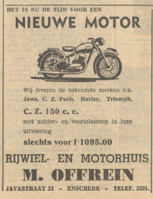 Javastraat 33 Rijwiel- en Motorhuis M. Offrein advertentie Tubantia 2-6-1951.jpg