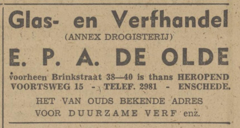 Voortsweg 15 glas- en verfhandel annex drogisterij E.P.A. de Olde advertentie Tubantia 5-6-1948.jpg