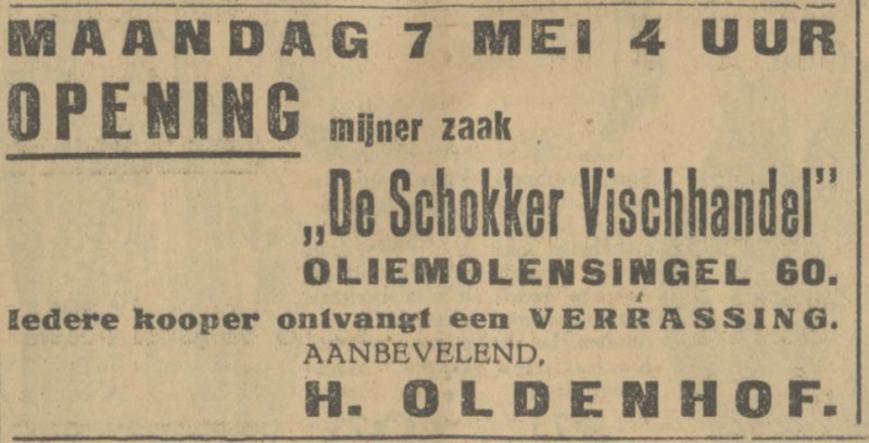 Oliemolensingel 60 Schokker vishandel H. Oldenhof advertentie Tubantia 5-5-1928.jpg