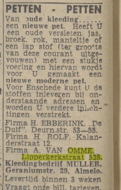 Lipperkerkstraat 528 Firma A. van Omme advertentie Twentsch nieuwsblad 5-5-1944.jpg