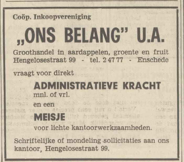 Hengelosestraat 99 Coöp. Inkoopvereniging Ons Belang U.A. advertentie Tubantia 26-8-1969.jpg