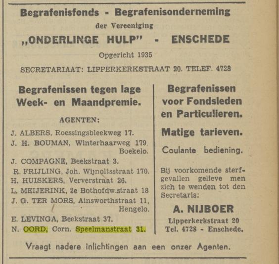 Cornelis Speelmanstraat 31 N. Oord Aaansprker Begrafenisvereninging Onderlinge Hulp advertentie Tubantia 1-2-1941.jpg