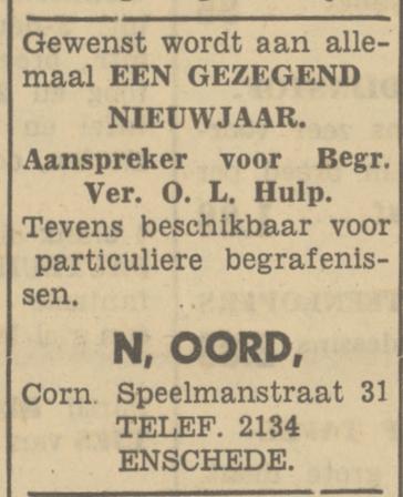 Cornelis Speelmanstraat 31 N. Oord Aaansprker Begrafenisvereninging Onderlinge Hulp advertentie Tubantia 31-12-1949.jpg
