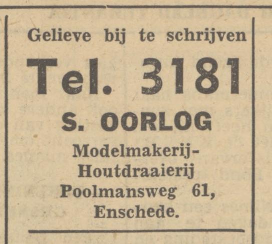 Poolmansweg 61 S. Oorlog Modelmakerij en houtdraaierij advertentie Tubantia 20-12-1949.jpg