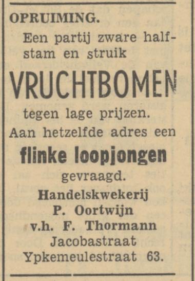 Jacobastraat Ypkemeulestraat 63 handelskwekerij P. Oortwijn advertentie Tubantia 4-11-1950.jpg