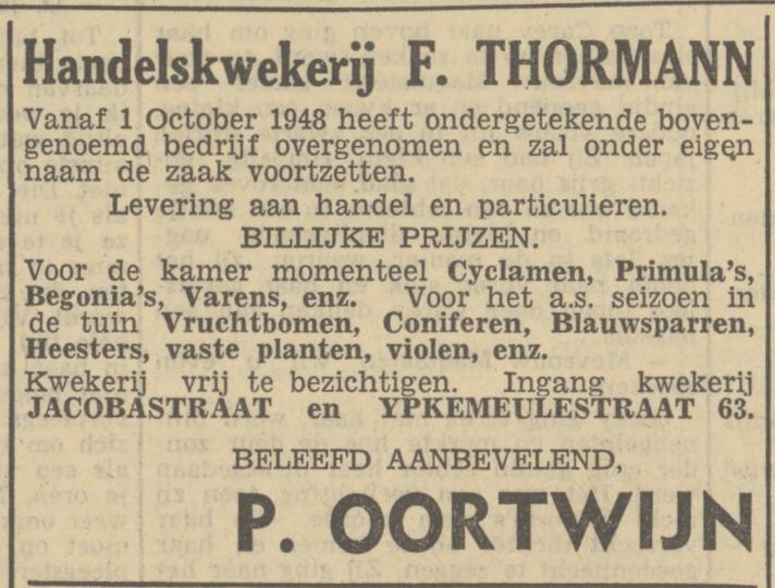 Jacobastraat Ypkemeulestraat 63 handelskwekerij P. Oortwijn advertentie Tubantia 30-9-1948.jpg