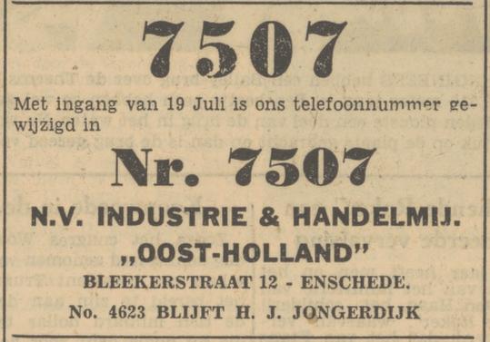 Blekerstraat 12 N.V. Industrie- en Handelmij. Oost Holland advertentie Tubantia 20-7-1950.jpg