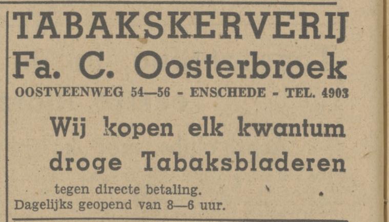 Oostveenweg 54-56 Tabaksververij Fa. C. Oosterbroek advertentie Tubantia 2-2-1948.jpg