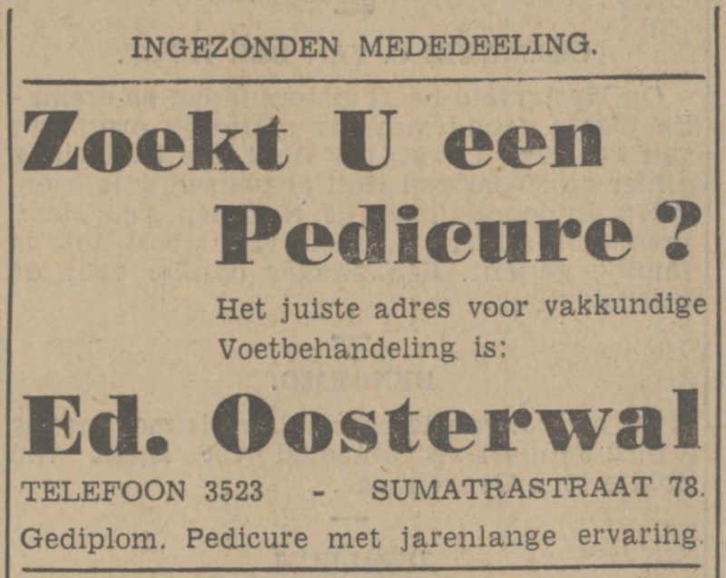 Sumatrastraat 78 E. Oosterwal Pedicure advertentie Tubantia 29-11-1939.jpg