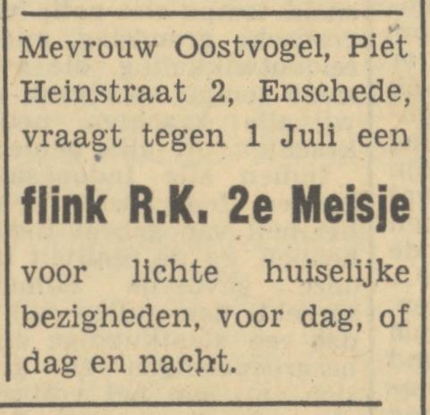 Piet Heinstraat 2 Mevr. Oostvogel advertentie Tubantia 1-6-1949.jpg