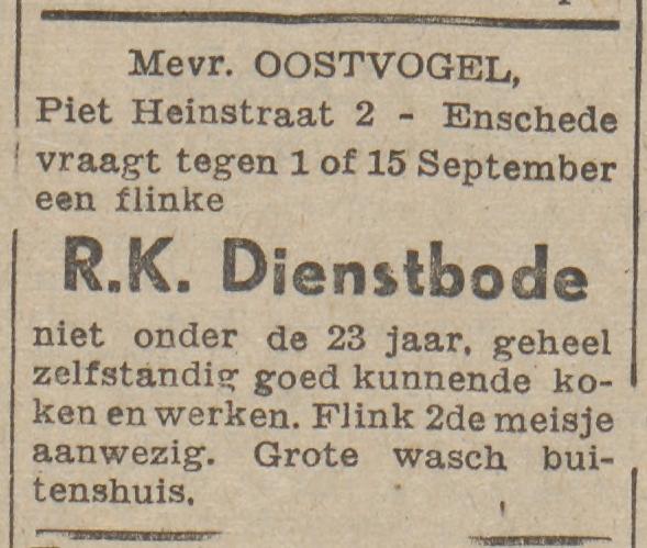 Piet Heinstraat 2 Mevr. Oostvogel advertentie Tubantia 8-8-1941.jpg