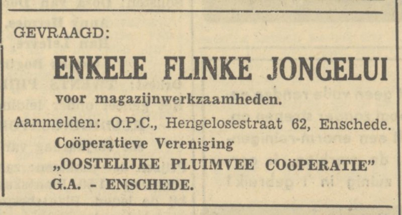 Hengelosestraat 62 Coöp. Ver. Oostelijke Pluimvee Coöperatie O.P.C.  advertentie Tubantia 10-11-1949.jpg