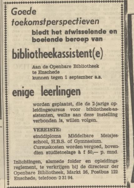 Markt 26 Openbare bibliotheek advertentie Tubantia 22-5-1968.jpg