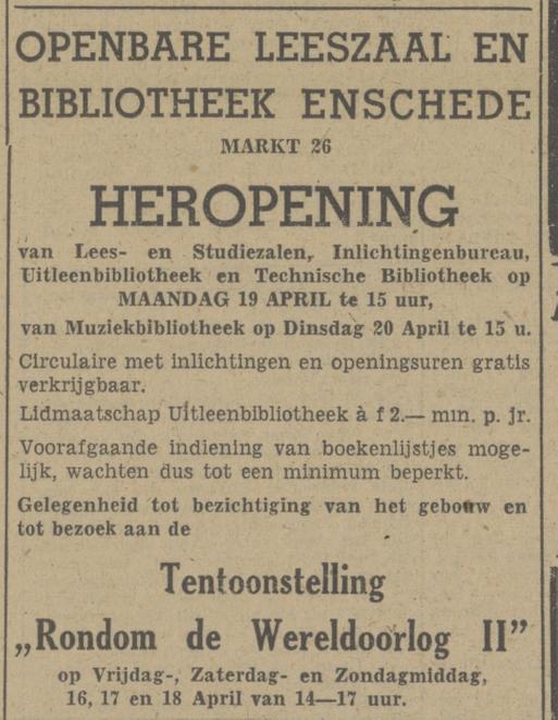 Markt 26 Openbare leeszaal en bibliotheek advertentie Tubantia 15-4-1948.jpg