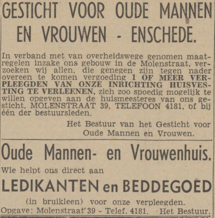 Molenstraat 39 Oude Mannen en Vrouwenhuis advertentie Tubantia 14-11-1942.jpg