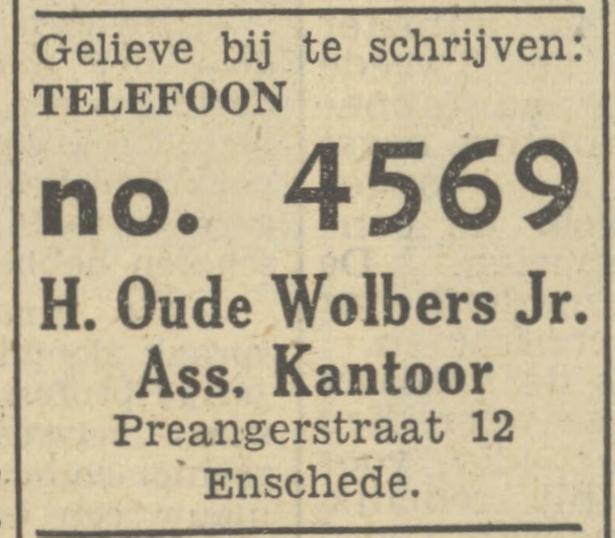 Preangerstraat 12 Assurantiekantoor H. Oude Wolbers Jr. advertentie Tubantia 2-3-1950.jpg