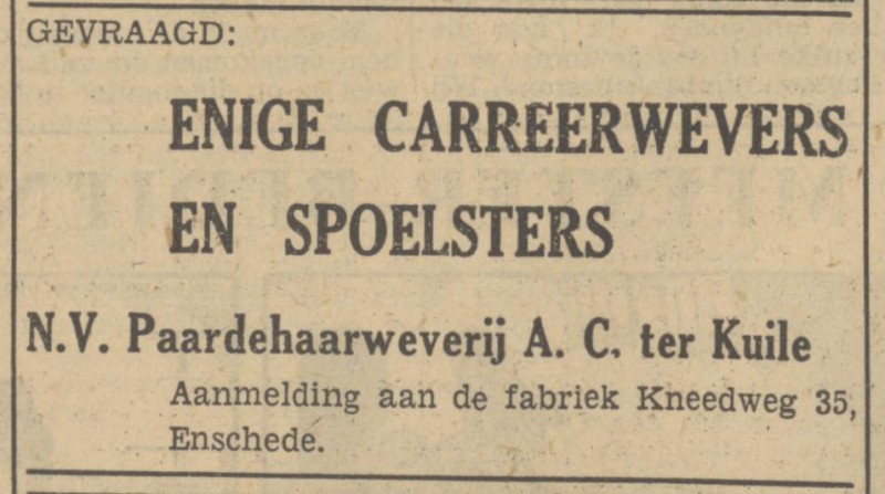 Kneedweg 35 N.V. Paardehaarweverij A.C. ter Kuile advertentie Tubantia 3-2-1951.jpg