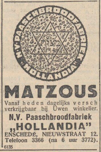 Nieuwstraat 12 N.V. Paaschbroodfabriek Hollandia advertentie Nieuw Israelitisch weekblad 9-2-1934.jpg