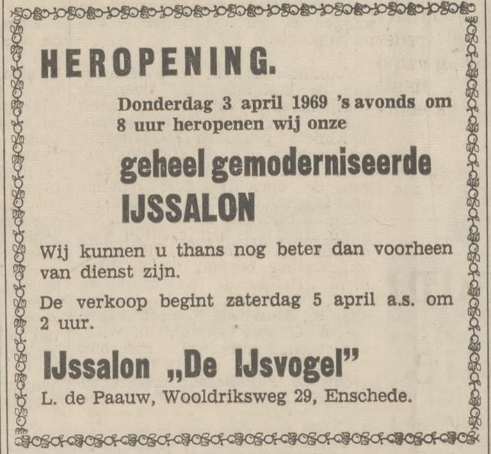 Wooldriksweg 29 IJssalon De IJsvogel L. de Paauw advertentie Tubantia 2-4-1969.jpg