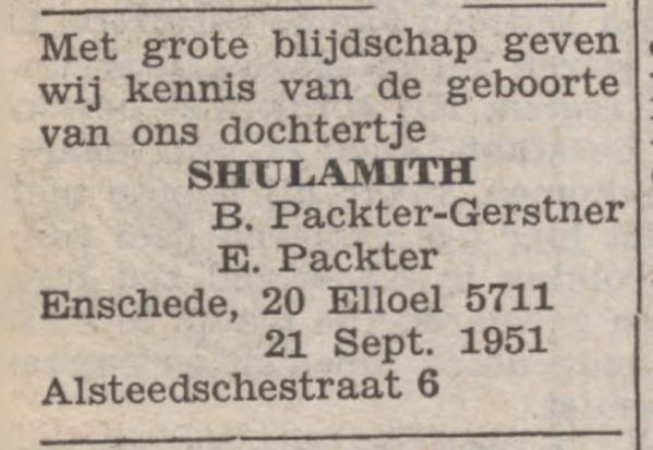 Alsteedsestraat 6 Fam. Packter-Gerstner advertentie Nieuw Israelietisch weekblad 28-9-1951.jpg
