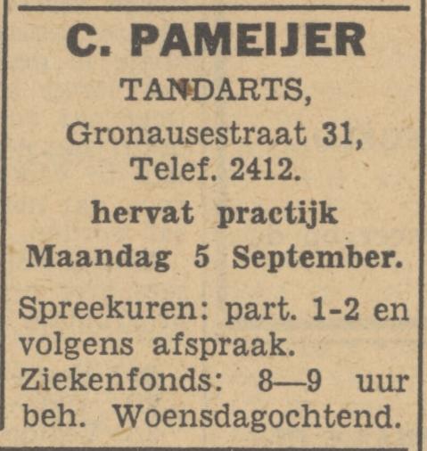 Gronausestraat 31 Tandarts C. Pameijer advertentie Tubantia 3-9-1949.jpg