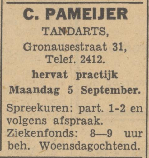 Gronausestraat 31 Tandarts C. Pameijer advertentie Tubantia 3-9-1949.jpg