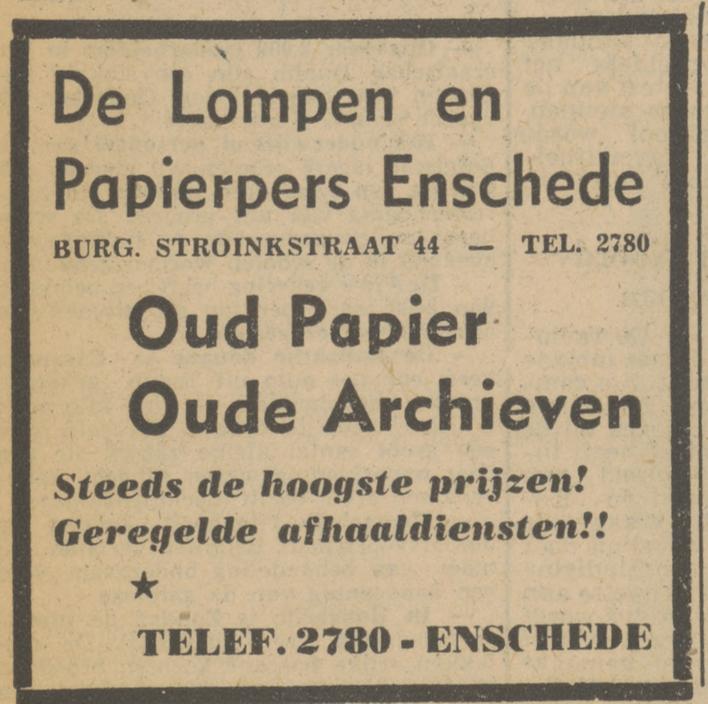 Burgemeester Stroinkstraat 44 De Lompen en Papierpers advertentie Tubantia 16-4-1951.jpg