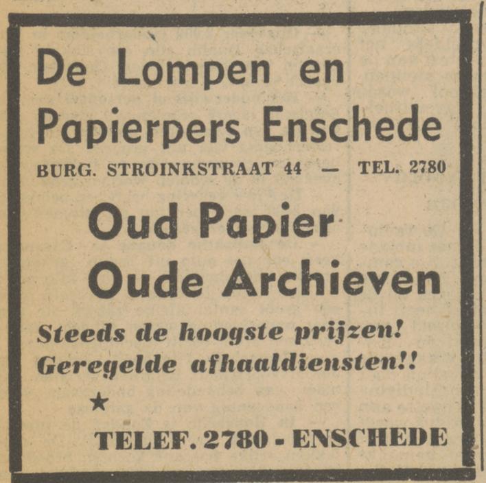 Burgemeester Stroinkstraat 44 De Lompen en Papierpers advertentie Tubantia 16-4-1951.jpg