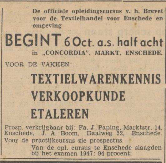 Marktstraat 14 Fa, J. Paping advertentie Tubantia 18-9-1947.jpg