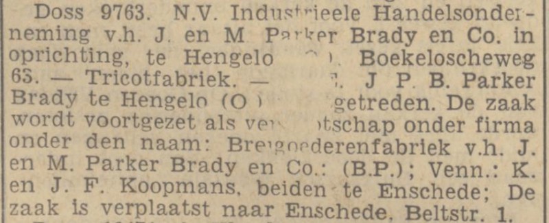 Beltstraat 1 Tricotfabriek Parker Brady en Co. krantenbericht Tubantia 8-4-1939.jpg