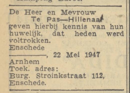 Burgemeester Stroinkstraat 112 heer en mevr. Te Pas-Hillenaar advertentie Tubantia 22-5-1947.jpg