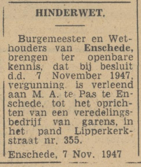 Lipperkerkstraat 355 M.A. te Pas krantenbericht Tubantia 11-11-1947.jpg