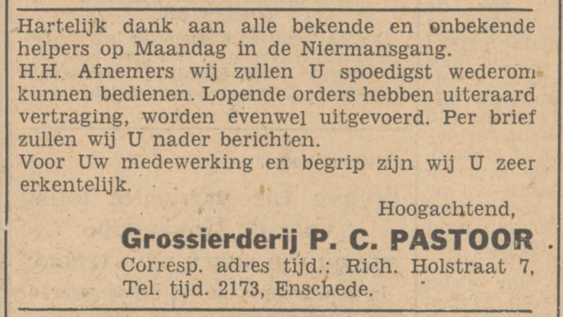 Richard Holstraat 7 Grossierderij P.C. Pastoor advertentie Tubantia 9-2-1949.jpg
