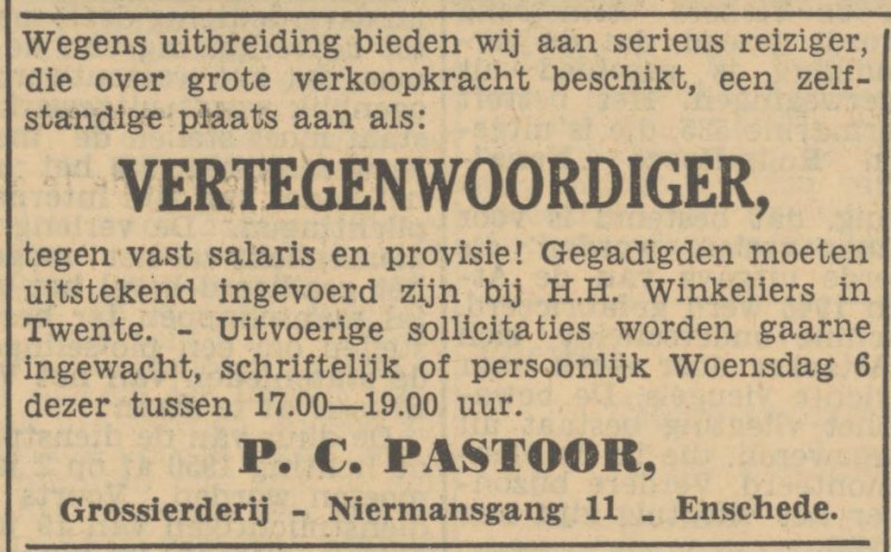 Niermansgang 11 Grossierderij P.C. Pastoor advertentie Tubantia 4-9-1950.jpg