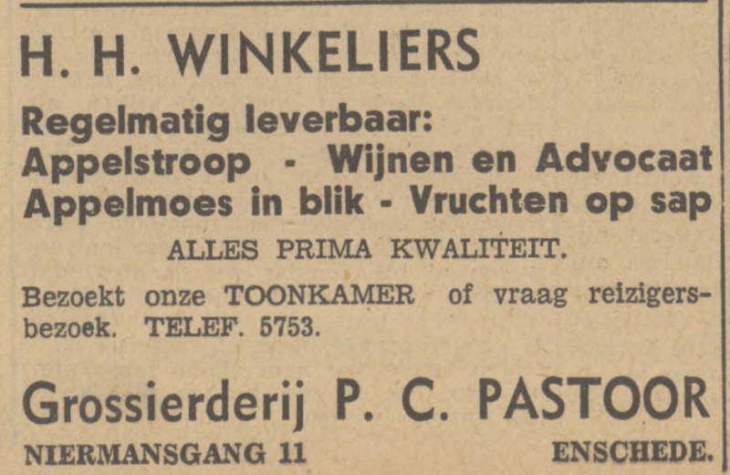 Niermansgang 11 Grossierderij P.C. Pastoor advertentie Tubantia 28-9-1949.jpg