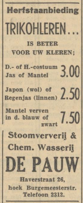 Haverstraat 26 hoek Burgemeesterstraat Stoomververij & Chenische Wasserij De Pauw advertentie Tubantia 27-10-1951.jpg