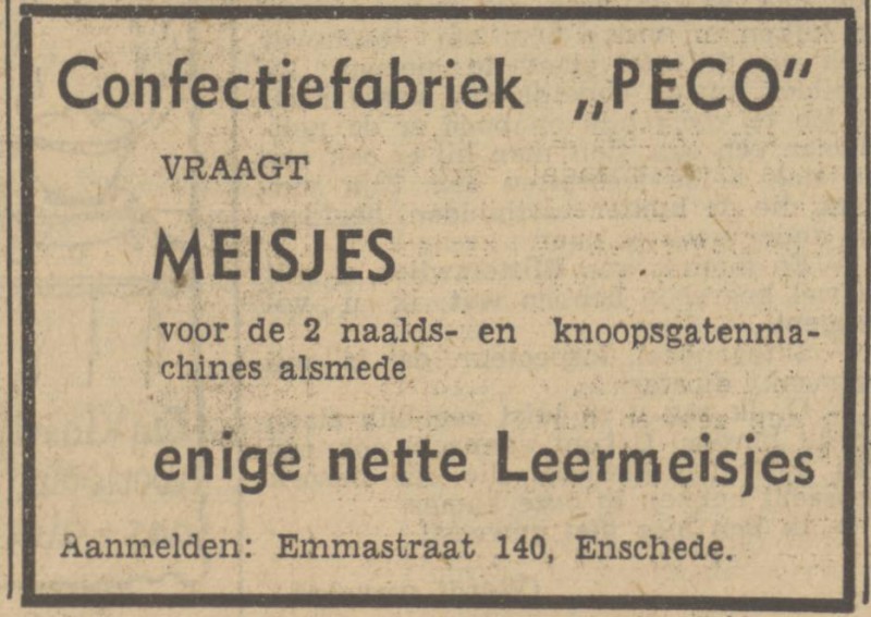 Emmastraat 140 confectiebedrijf Peco advertentie Tubantia 3-2-1951.jpg