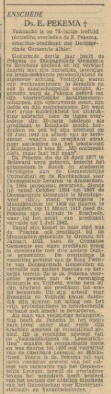 Ds, Pekema overleden krantenbericht Tubantia 9-9-1950.jpg