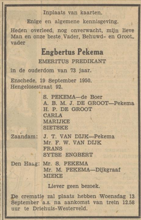 Hengelosestraat 92 Engberetus Pekema Emeritus Predikant overlijdensadvertentie Tubantia 9-5-1950.jpg