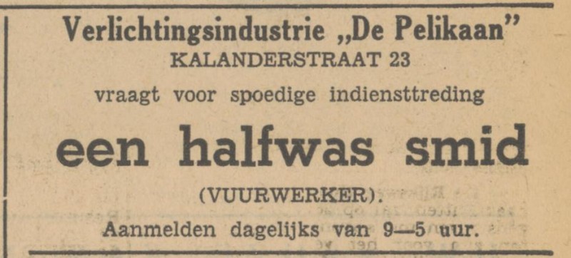 Kalanderstraat 23 Verlichtingsindustrie De Pelikaan advertentie Tubantia 19-4-1951.jpg