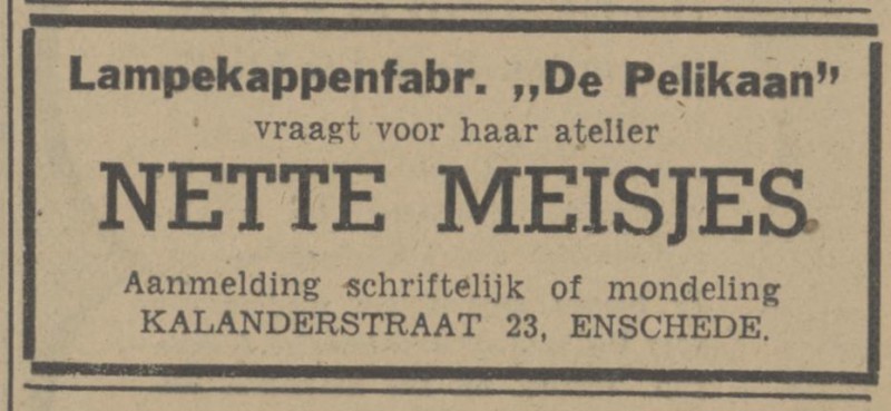 Kalanderstraat 23 Lampekappenfabriek De Pelikaan advertentie Tubantia 7-1-1948.jpg