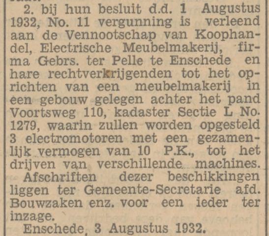 Voortsweg 110 Electrische meubelmakerij Gebrs. ter Pelle krantenbericht Tubantia 8-8-1932.jpg