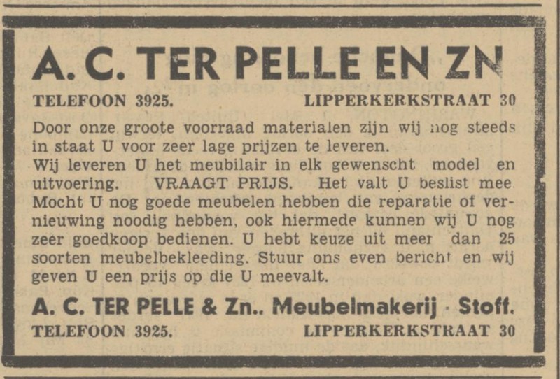 Lipperkerkstraat 30 meubelmakerij A.C. ter Pelle & Zn. advertentie Tubantia 1-5-1940.jpg