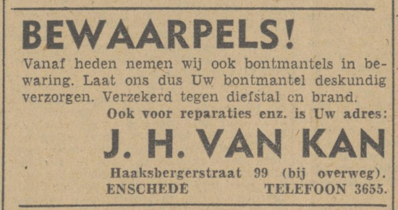 Haaksbergerstraat 99 bij de overweg. J.H. van Kan  advertentie Tubantia19-5-1948.jpg